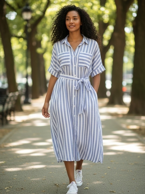 Ava & Viv Dresses & Skirts - Ava & Viv Blue and White Striped Midi Shirt Dress with Tie Waist